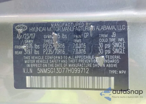 2007 Hyundai Santa Fe Gls from USA, damaged, VIN 5NMSG13D77H099712